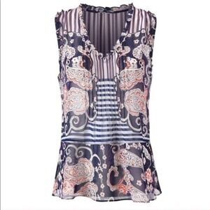 Cabi Sheer Peplum Blouse Size S V-Neck Sleeveless Ruffle Trim Top Paisley Blue